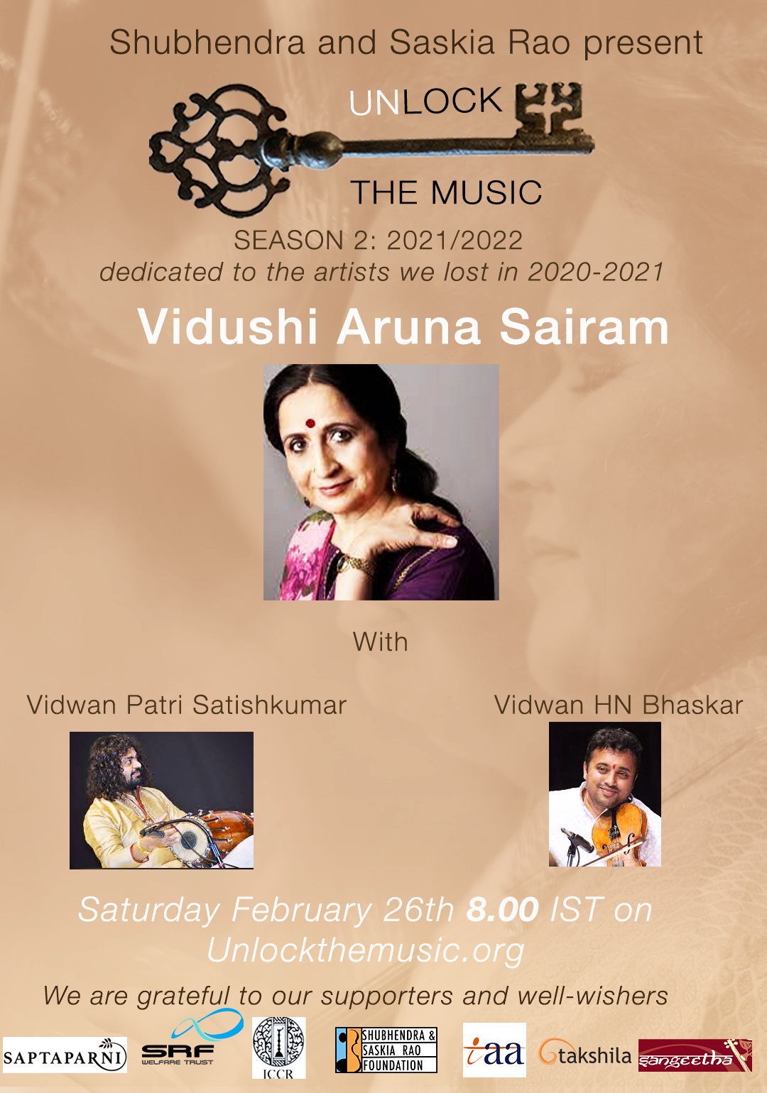 Virtual Live Unlock the Music Concert: Season 2 Baithak concert series. Carnatic Vocal by Padmashri Aruna Sairam on 26 February 2022 at 1530 hrs CET or 2000 hrs IST